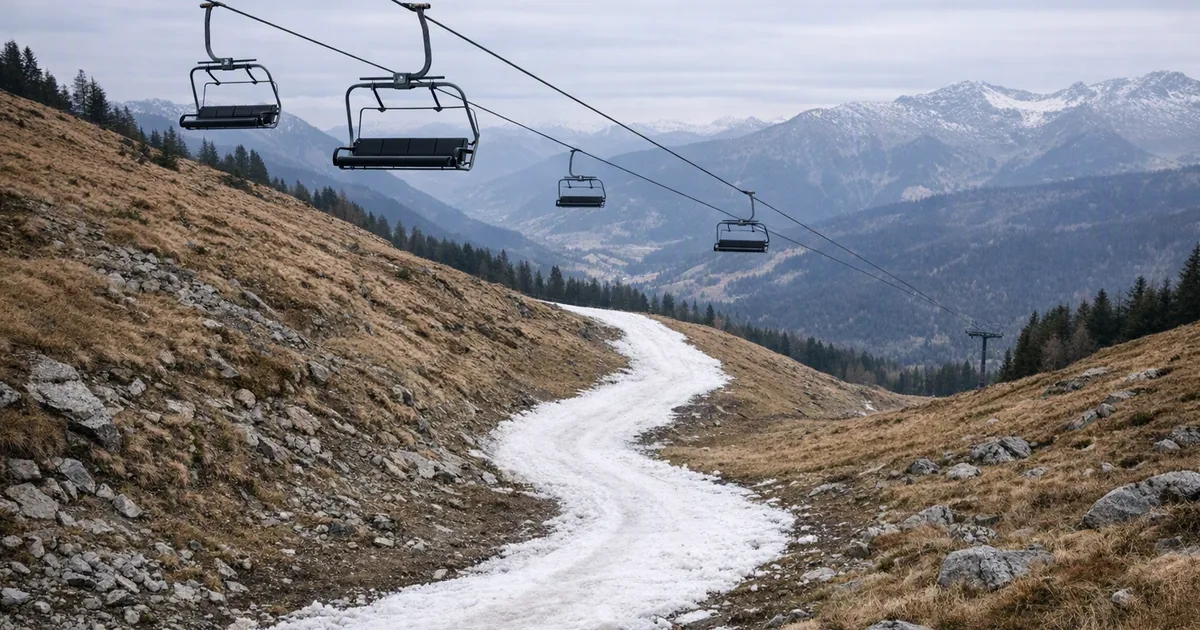 Smal remsa konstsnö i en grön alpsluttning under en tom stollift