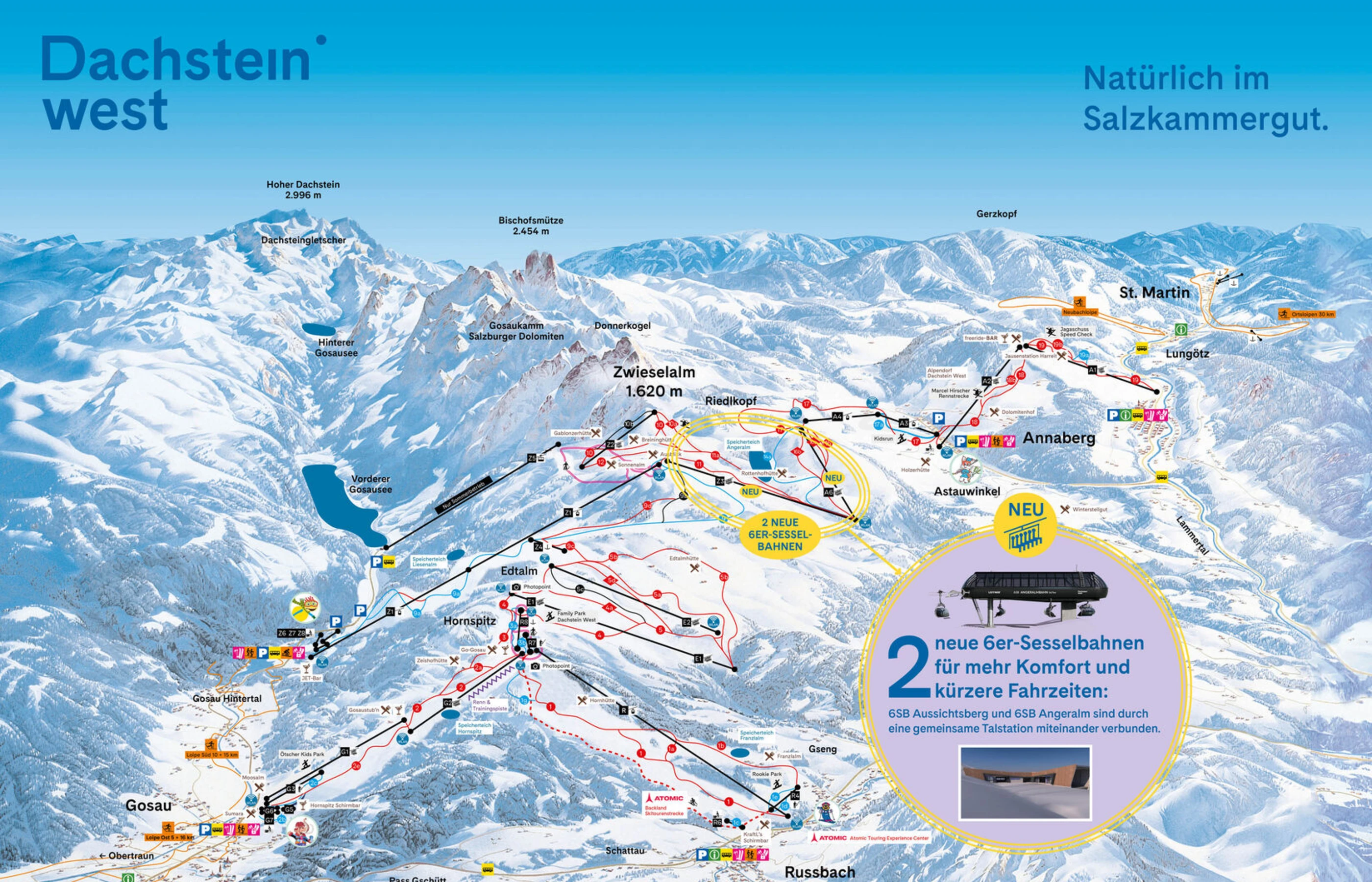 Pistkarta över Dachstein West, pister, liftar och nedfarter