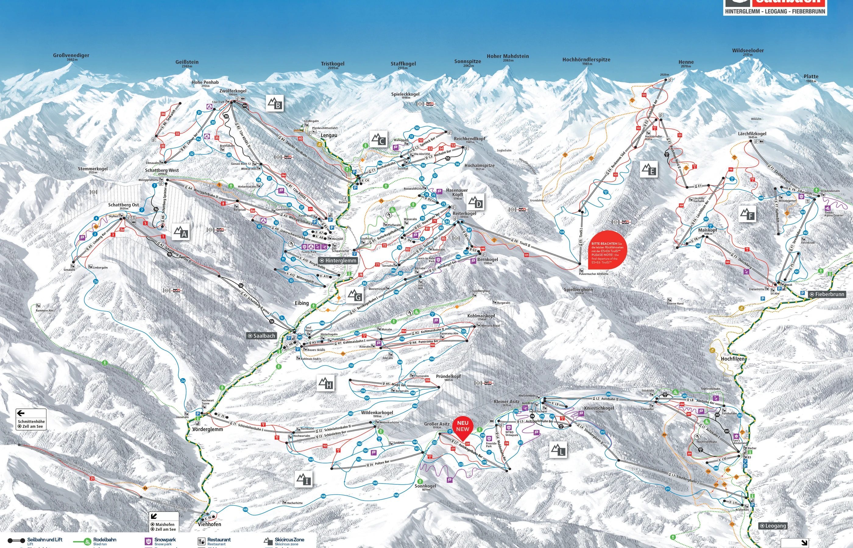 Pistkarta över Saalbach, pister, liftar och nedfarter